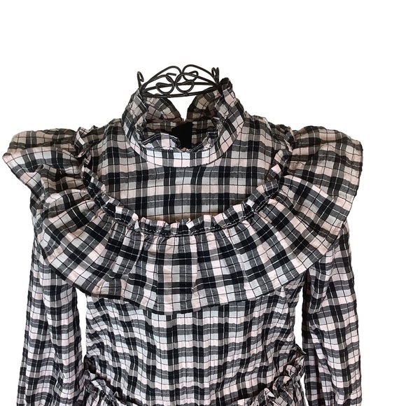 GANNI Channa Ruffled Plaid High-Neck Mini Dress | Size 6-8 - Picture 3 of 10